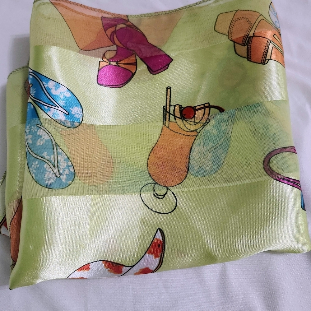 Vibrant Yellow Printed Satin Scarf with Multicolor Motifs - Picture 4 of 6